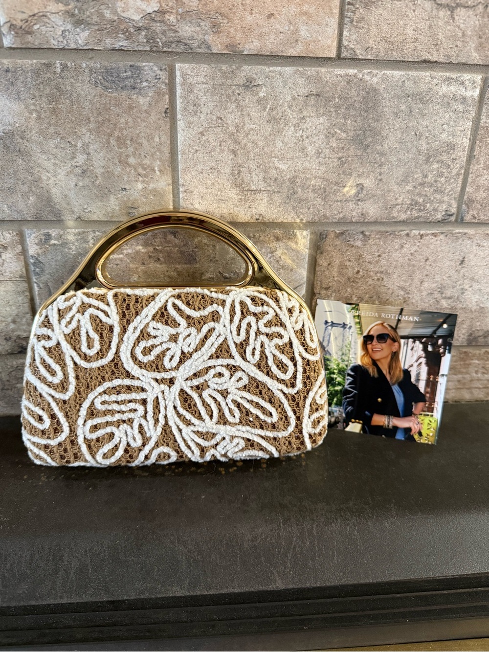 Woven Handbag with White Beaded Leaf Design sold by Freida Rothman